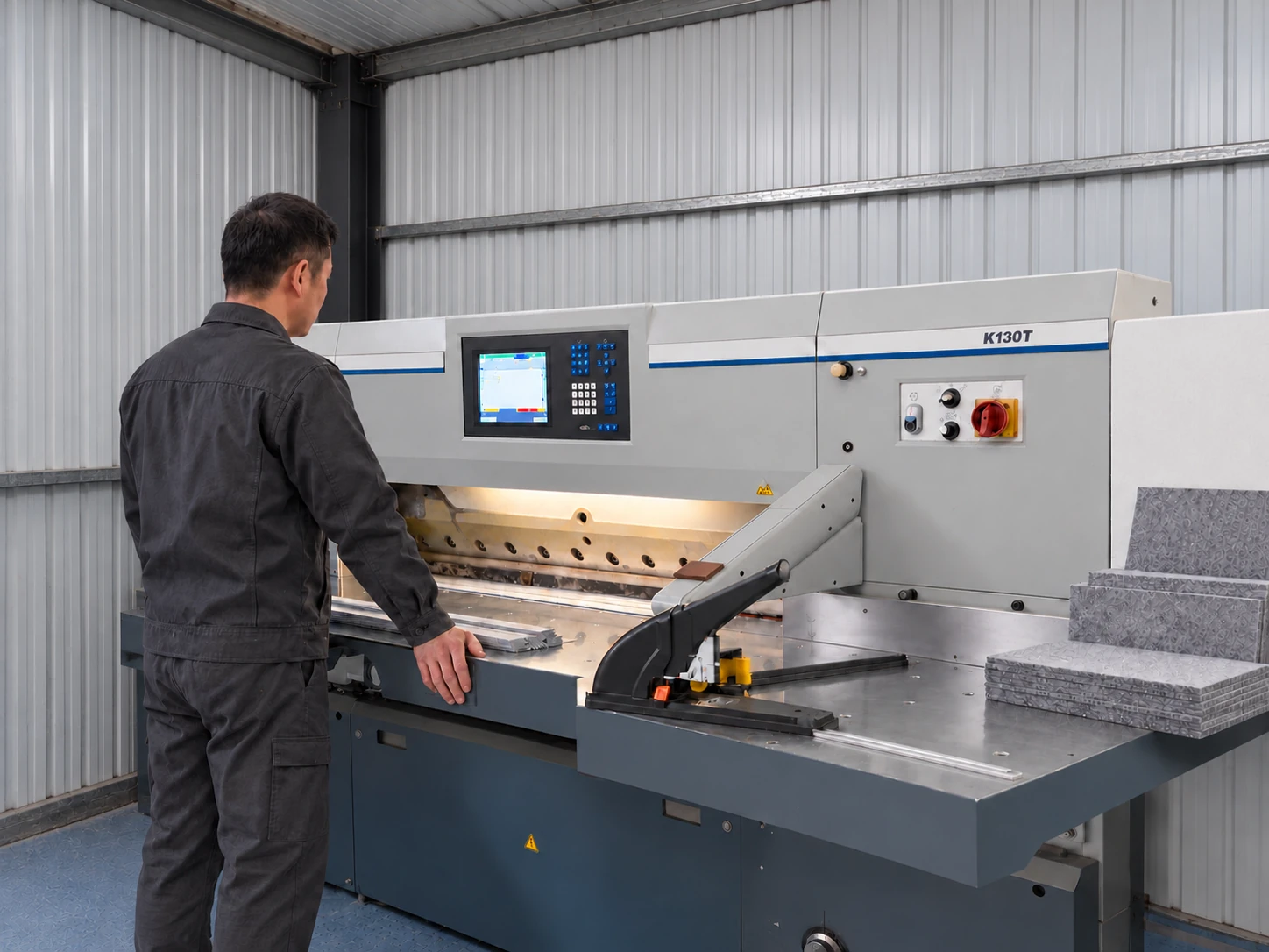Operator at equipment used to cut felt strips to 1 m lengths