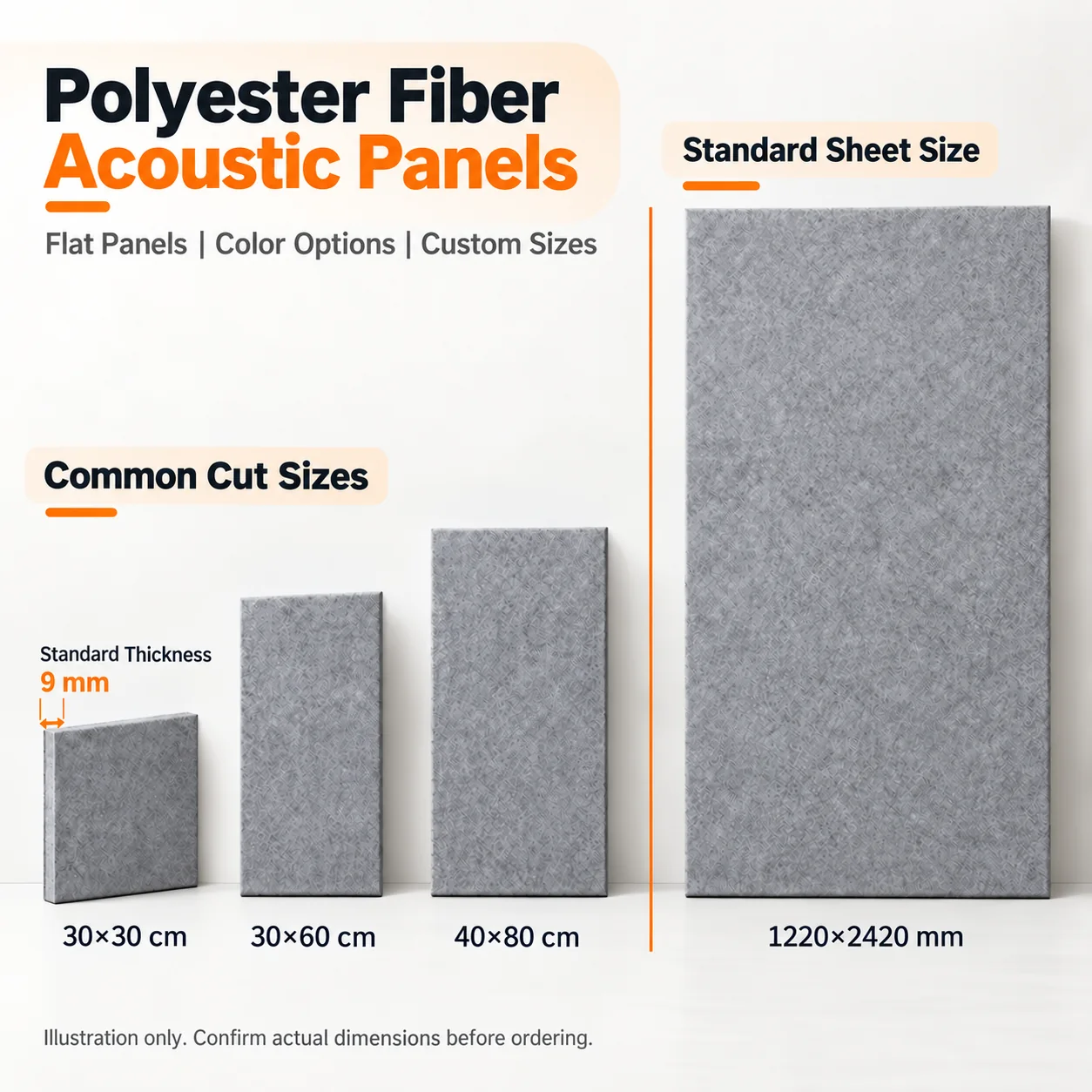 Plain polyester fiber acoustic panel specifications and common cutting sizes