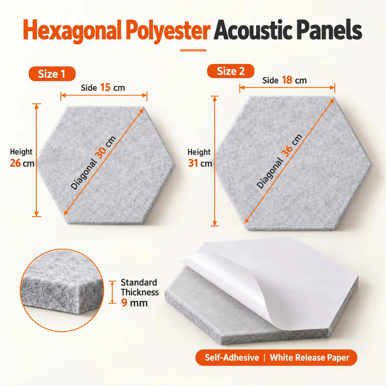 Hexagonal polyester fiber acoustic panel size, thickness and adhesive structure