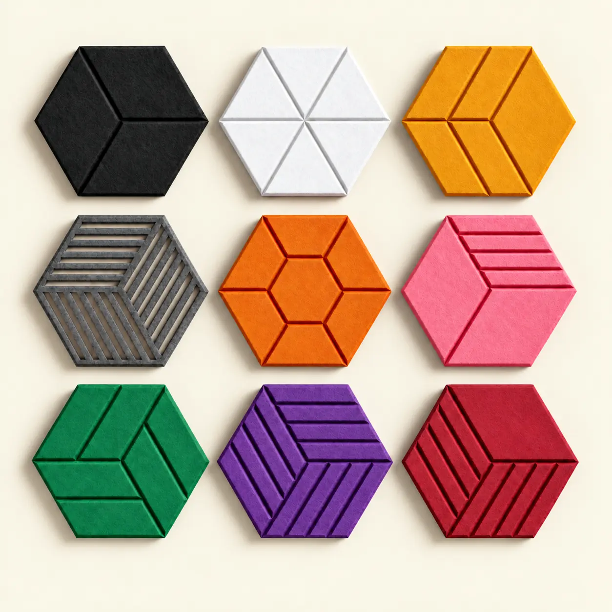 Multiple hexagonal grooved polyester fiber acoustic panel designs