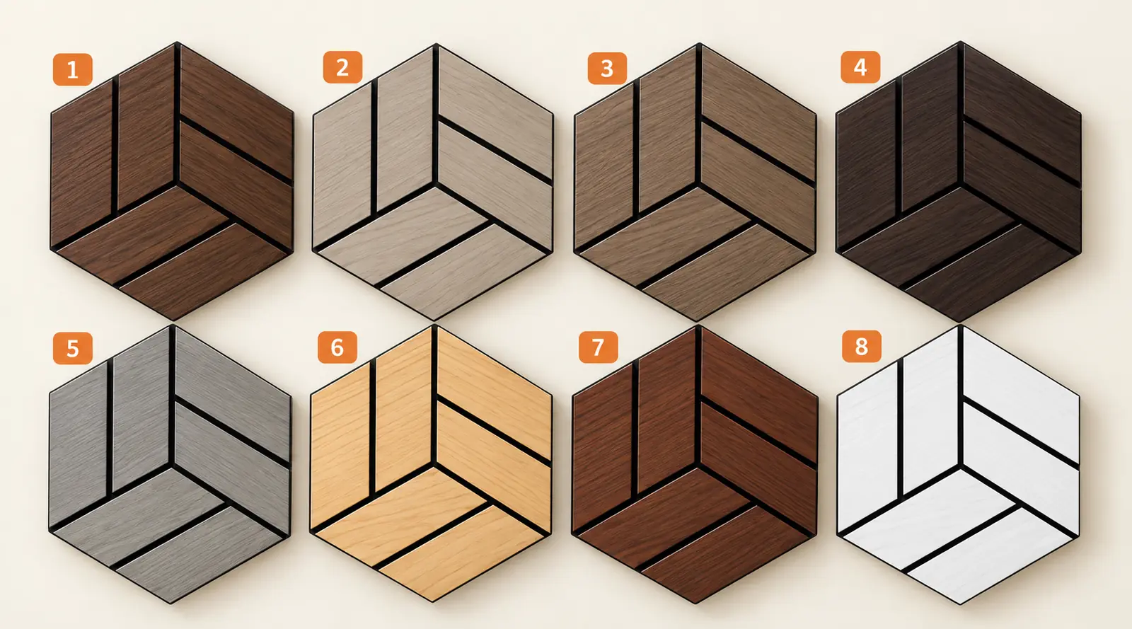 Eight wood-finish polyester fiber acoustic panel designs