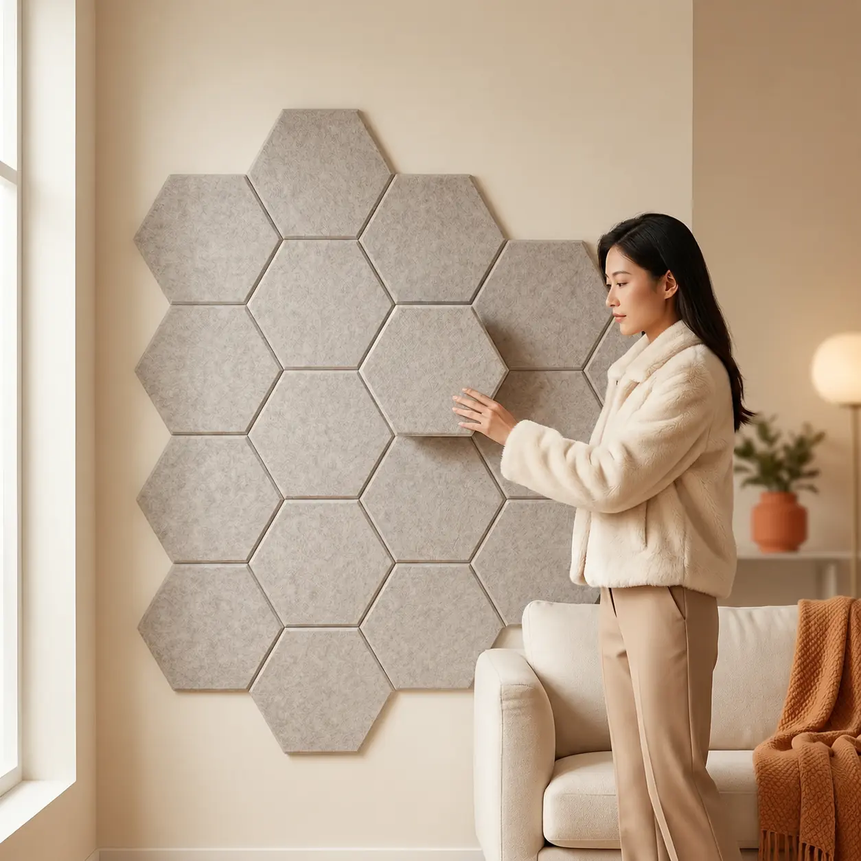 Hexagonal polyester fiber acoustic panels in a home interior