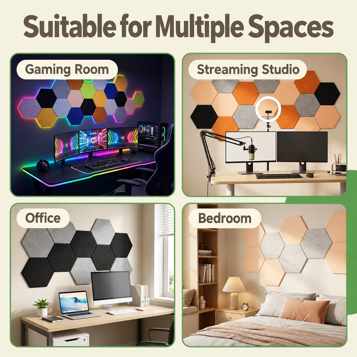 Polyester fiber acoustic panels in gaming rooms, streaming rooms, offices and bedrooms