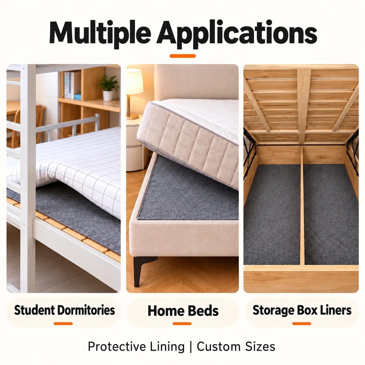 Felt underlay shown in dormitory, home and storage applications