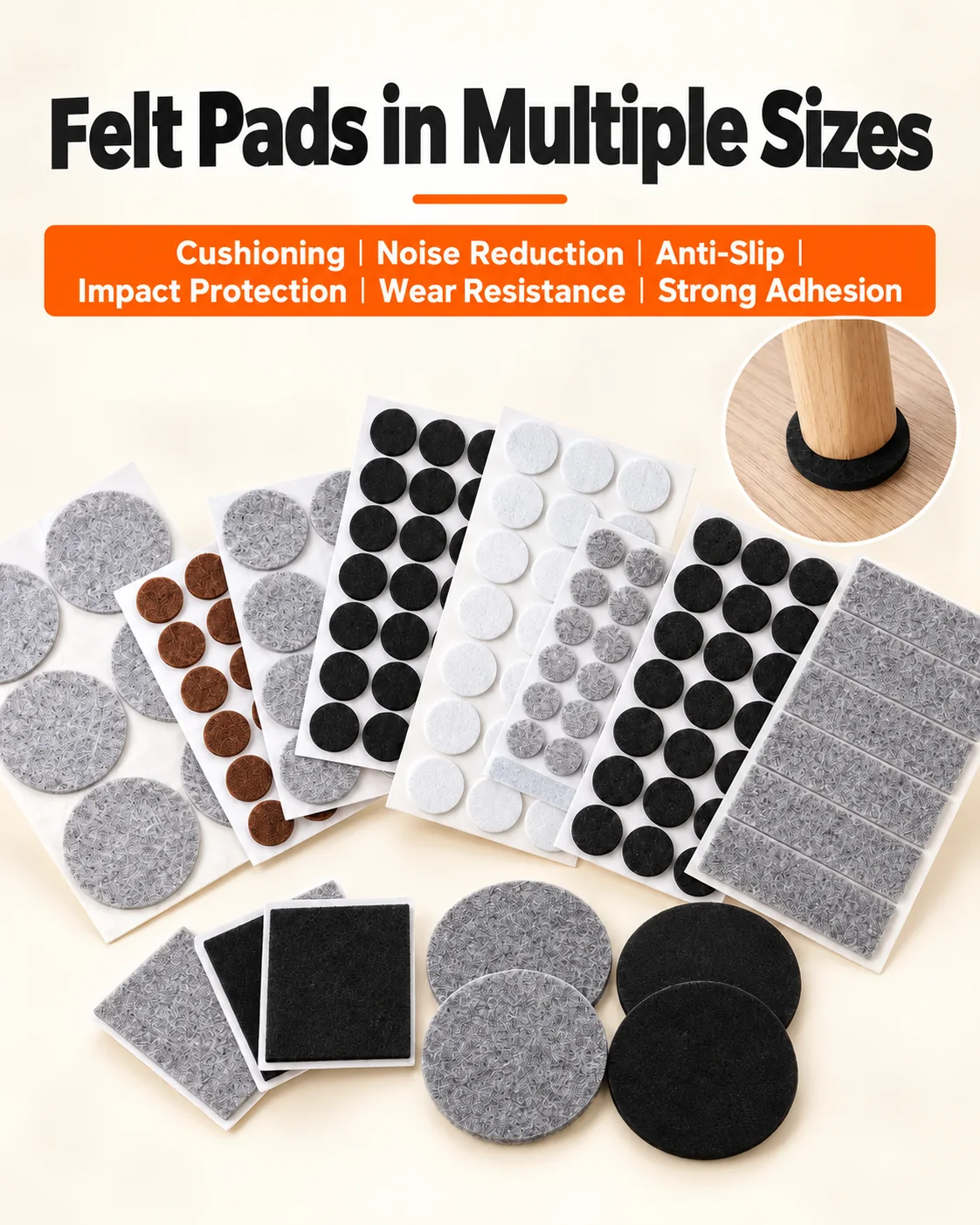 Round, square and rectangular felt pad range