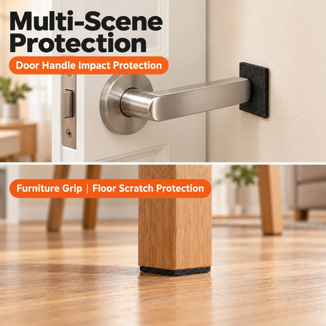 Felt pad applications for door-handle cushioning, furniture legs and furniture-base protection