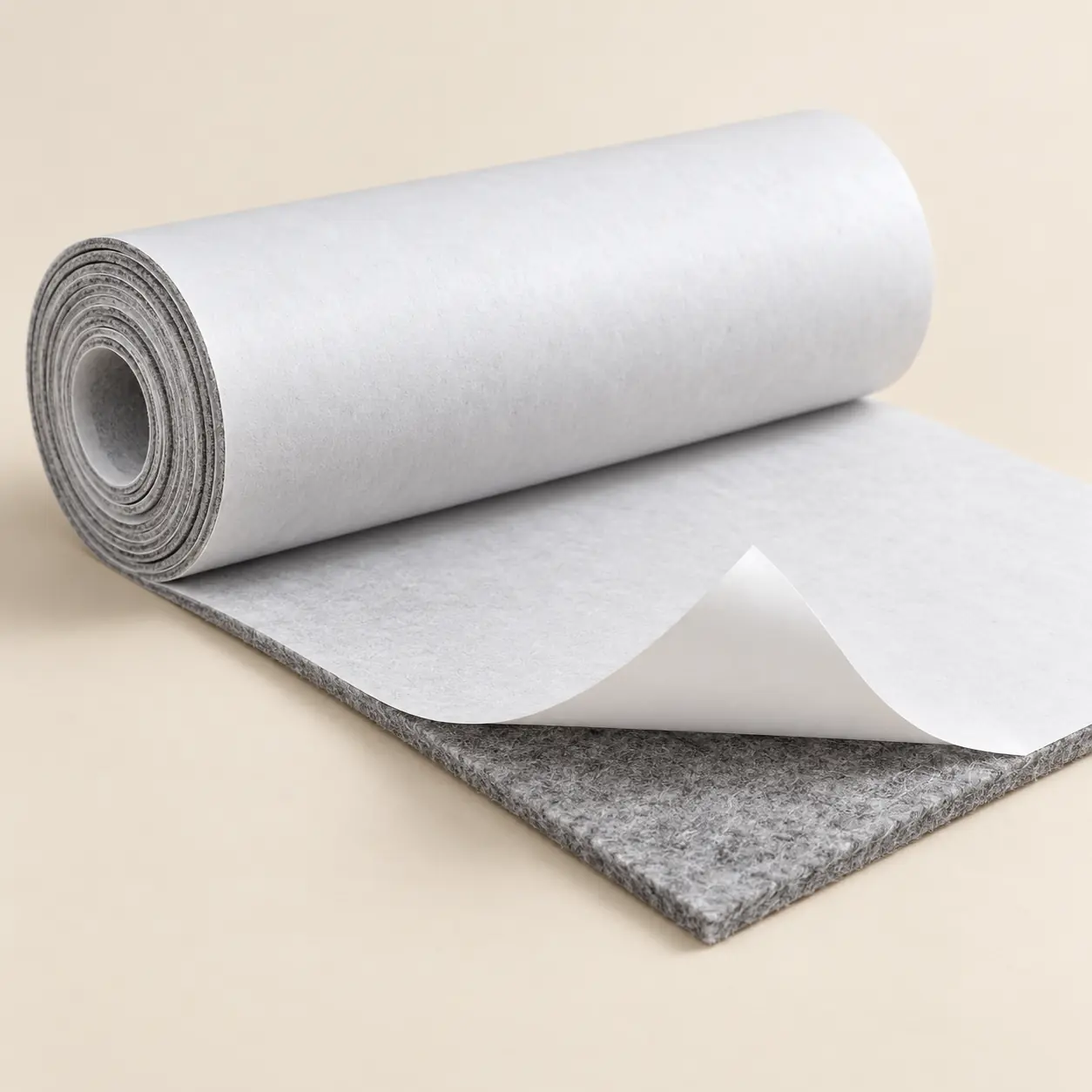 Adhesive-backed felt roll with peeled release liner and structure detail