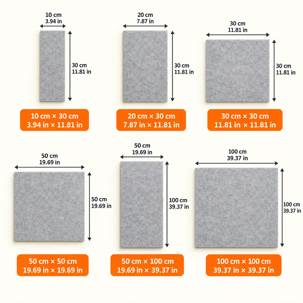 Six selected standard felt sheet sizes