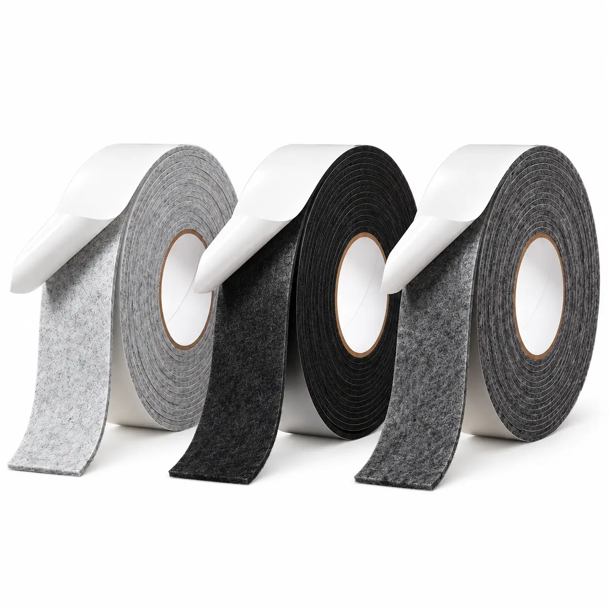 Light gray, black and dark gray self-adhesive felt strips on a white background