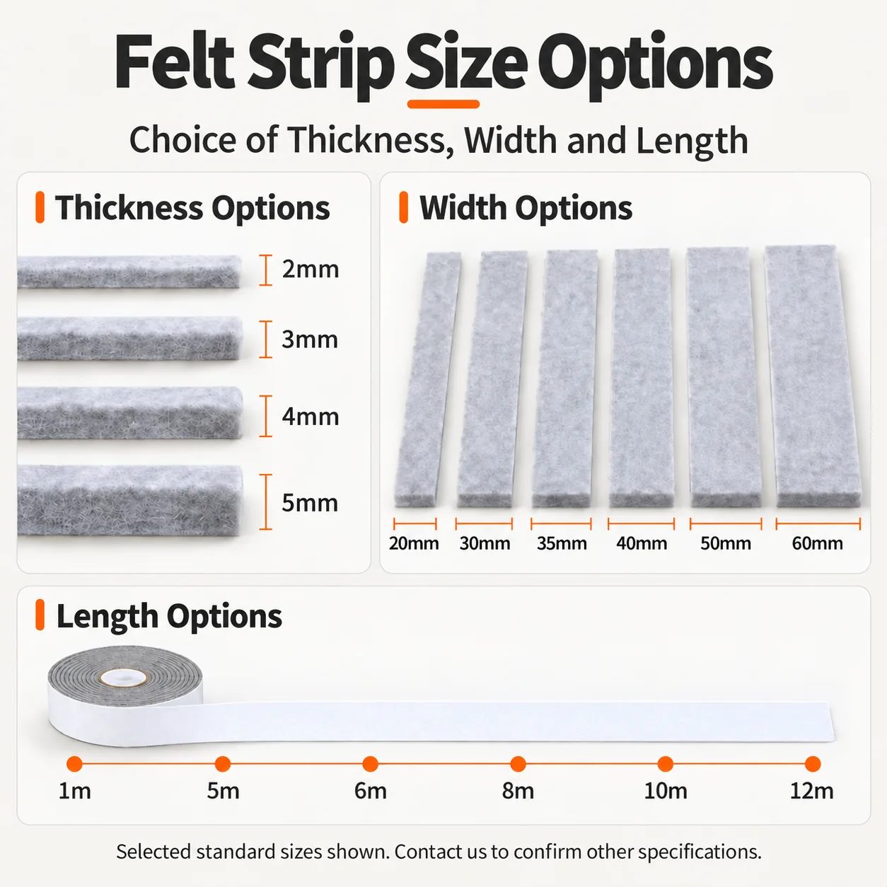 Felt strip thickness, width and length specifications